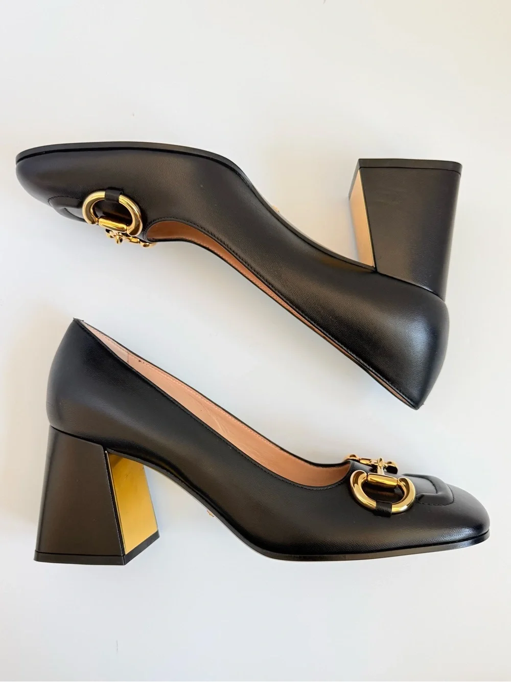 Gucci Malaga Kid Leather baby Horsebit Pumps Black Gold Block Heel EU 39 New